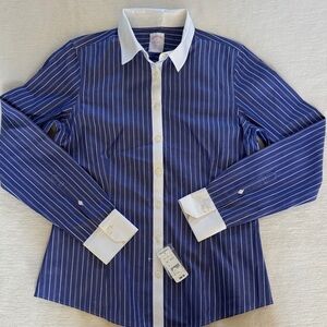 Brooks Brothers Navy Striped Dress Shirt with White Collar